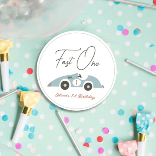 Snel Een Blauw Race Auto Jongen 1e Verjaardag Bedankjes Labels