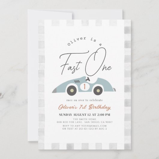 Snel Een Blauw Race Auto Jongen 1e Verjaardag Kaart (Voorkant)