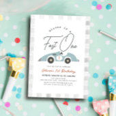 Snel Een Blauw Race Auto Jongen 1e Verjaardag Kaart