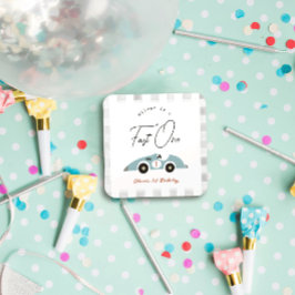 Snel Een Blauw Race Auto Jongen 1e Verjaardag Vierkante Sticker