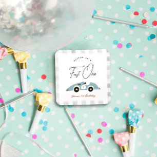 Snel Een Blauw Race Auto Jongen 1e Verjaardag Vierkante Sticker