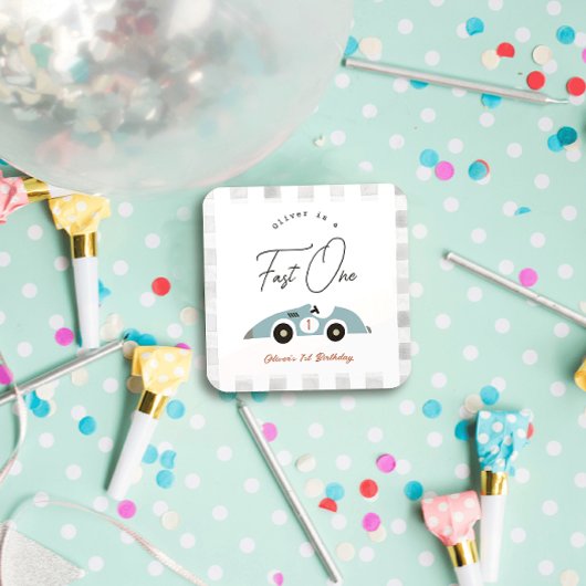 Snel Een Blauw Race Auto Jongen 1e Verjaardag Vierkante Sticker