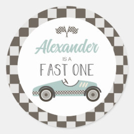 Snel één blauwe raceautoverjaardag ronde sticker