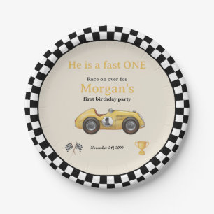 Snel Eén Geel Race Auto Kinderen Eerste Verjaardag Papieren Bordje