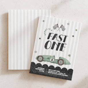 Snel één jongens groene raceauto 1e verjaardag kaart