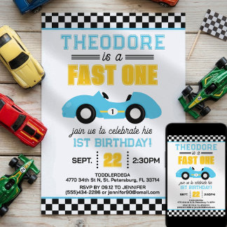 Snel één raceauto 1e verjaardag kaart