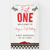 Snel één raceauto 1e verjaardag spandoek (Verticaal)