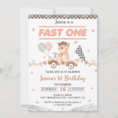 Snel één raceauto 1e verjaardagsfeestje kaart (Voorkant)