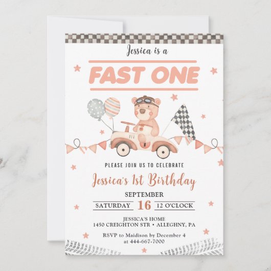 Snel één raceauto 1e verjaardagsfeestje kaart (Voorkant)