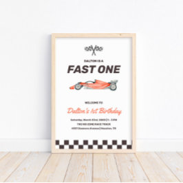 Snel één raceauto 1e verjaardagsfeestje welkom poster
