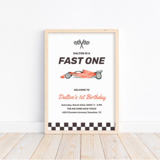 Snel één raceauto 1e verjaardagsfeestje welkom poster