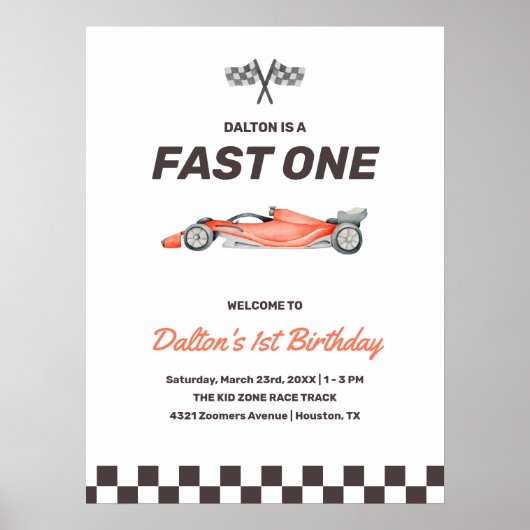 Snel één raceauto 1e verjaardagsfeestje welkom poster (Voorkant)