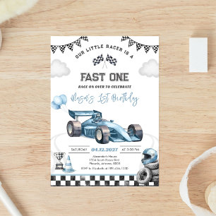 Snel Eén Raceauto Blauw Eerste 1e Jongens Verjaard Kaart