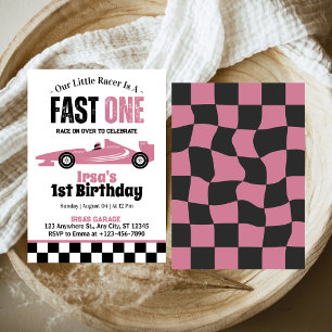 Snel één raceauto meisje 1e verjaardagsfeestje kaart