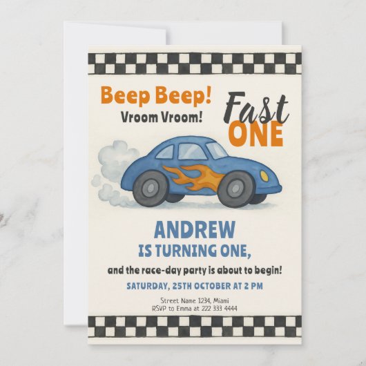 Snel één-razenkar-feest kaart (Voorkant)