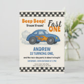 Snel één-razenkar-feest kaart (Staand voorkant)