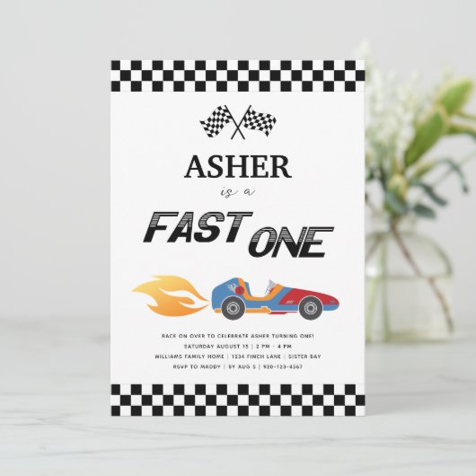 Snel één-razenkar-feest kaart (Staand voorkant)