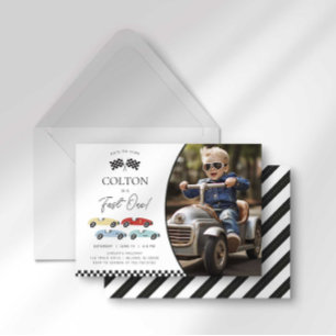 Snel Eén Retro Race Auto Jongen Foto Verjaardag Kaart