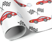 Snel een rode retro race auto geruit vlaggen racen cadeaupapier (Rol Hoek)
