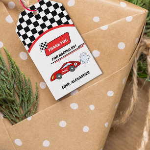 Snel één rode retro raceauto thema jongens verjaar cadeaulabel