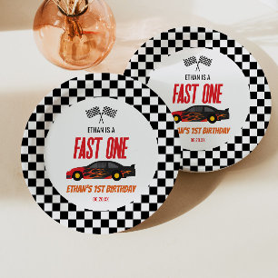 Snel Eén Rode Vlam Race Auto 1e Verjaardagsfeestje Papieren Bordje