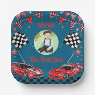 Snel Eén Rood & Zwart Race Auto Foto 1e Verjaardag Papieren Bordje