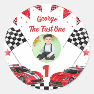 Snel Eén Rood & Zwart Raceauto Foto 1e Verjaardag Ronde Sticker