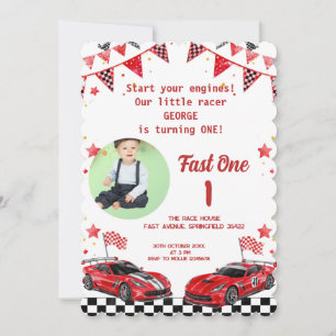 Snel één rood & zwart raceautofoto 1e verjaardag kaart