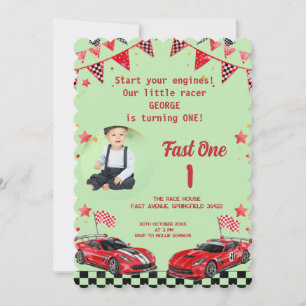 Snel één rood & zwart raceautofoto 1e verjaardag kaart