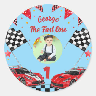 Snel één rood & zwart raceautofoto 1e verjaardag ronde sticker