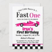 Snel Een Roze Race Auto Meisje 1e Verjaardagsfeest Kaart (Voorkant)