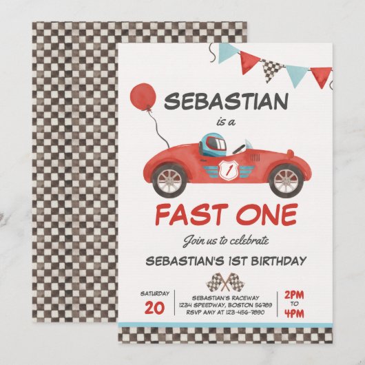 Snel één verjaardagsfeest rode raceauto 1e verjaar kaart (Voorkant / Achterkant)