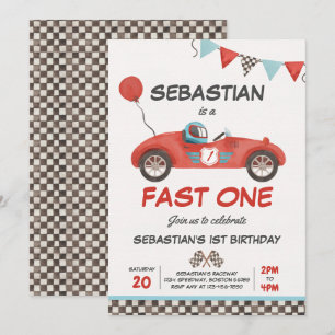 Snel één verjaardagsfeest rode raceauto 1e verjaar kaart