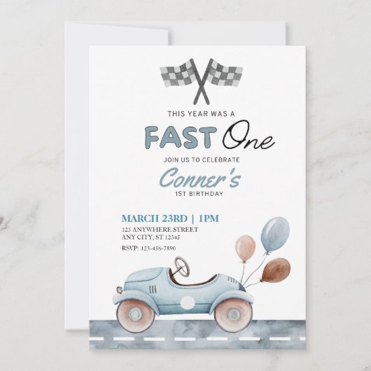 Snel één waterverfauto en ballonnen eerste verjaar kaart (Voorkant)