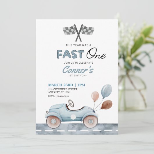 Snel één waterverfauto en ballonnen eerste verjaar kaart (Staand voorkant)