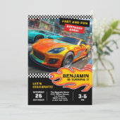 Snel en leuk race auto verjaardagsfeestje kaart (Staand voorkant)