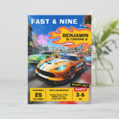 Snel en leuk race auto verjaardagsfeestje kaart (Staand voorkant)