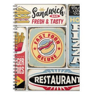 Snel eten restaurants en diners retro borden colle notitieboek