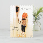 Snel herstel, klein meisje, ouderwetse telefoon feestdagenkaart (Staand voorkant)