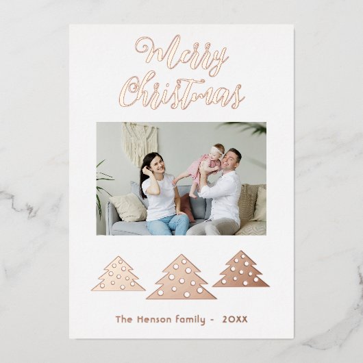 Snel kerstboomscript, foto van minimalistische fam folie feestdagenkaart (Voorkant)