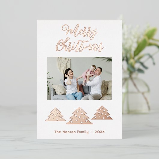 Snel kerstboomscript, foto van minimalistische fam folie feestdagenkaart (Staand Voorkant)