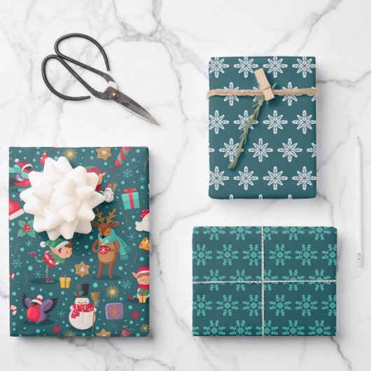 Snel kerstcadeaupapier set van 3 inpakpapier vel (Voorkant)