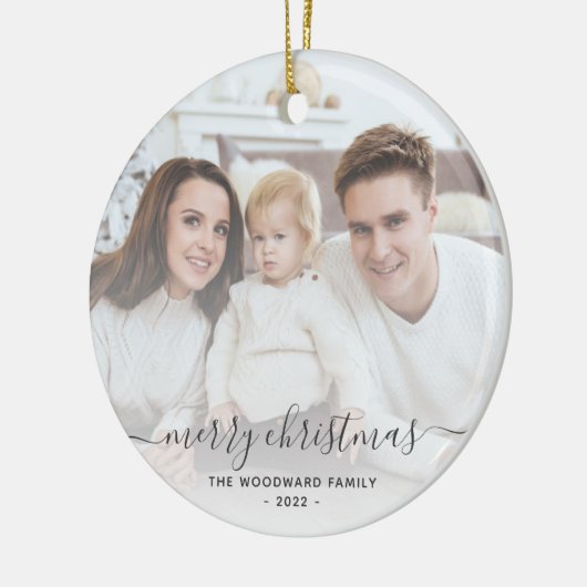 Snel kerstfeest Foto grijs script Keramisch Ornament (Links)