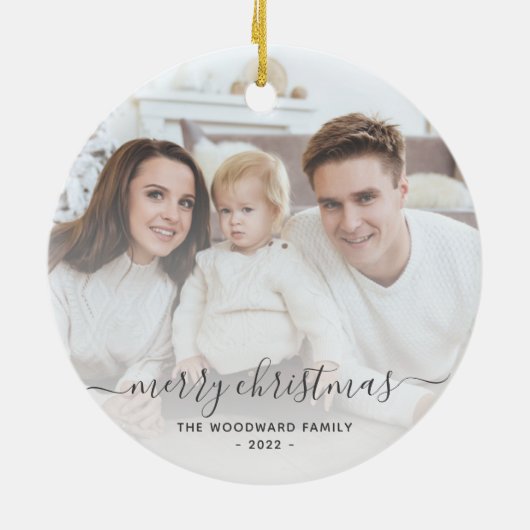 Snel kerstfeest Foto grijs script Keramisch Ornament (Achterkant)