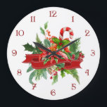Snel kerstfeest, lint en snoepriet grote klok<br><div class="desc">Feestspray van vakantiegroen,  holbessen,  poinsettia en snoepriet met rood lint. Aangepast genummerde wijzerplaat.</div>
