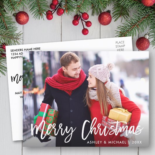 Snel kerstfoto modern penseelscript briefkaart