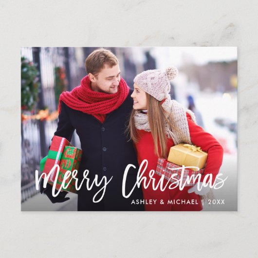 Snel kerstfoto modern penseelscript briefkaart (Voorkant)