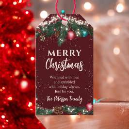 Snel kerstlicht pijnbomen sneeuw rood cadeaulabel