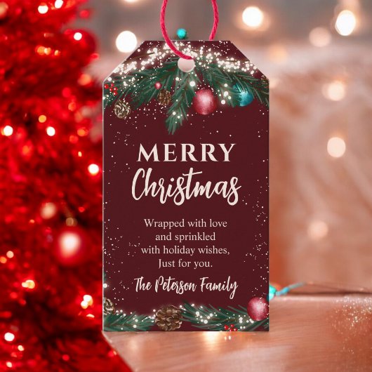 Snel kerstlicht pijnbomen sneeuw rood cadeaulabel