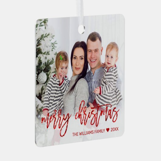 Snel kerstrood glitter-script foto metalen ornament (Voorkant Rechts)